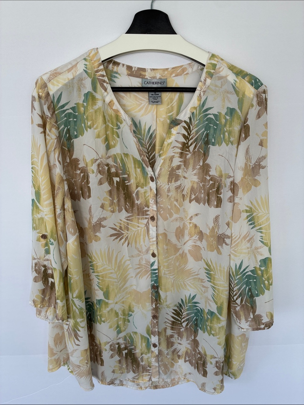Catherines Cream Button-Front Tunic with Green and Brown Leaf Print 1X - Picture 8 of 15